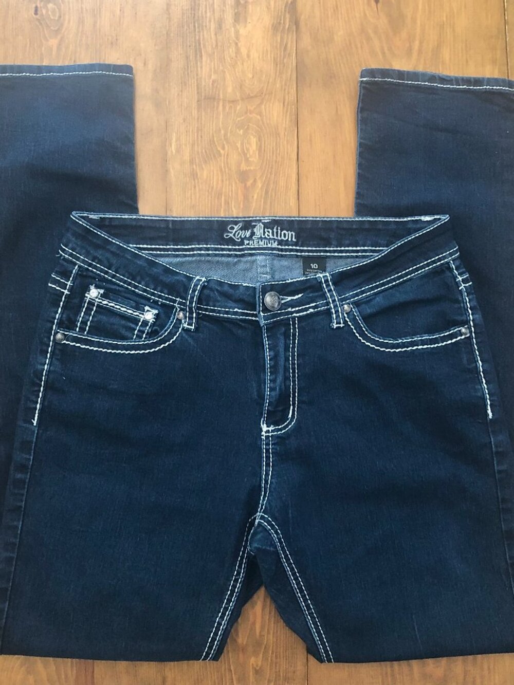 Love Nation Premium Women's Dark Wash Bootcut Jeans Size 10 Embellished Pockets